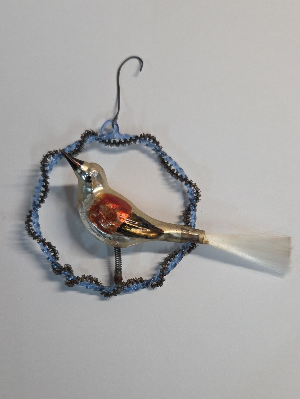 German mercury glass bird on a tinsel Glass hoop Christmas ornament 1890-1920
